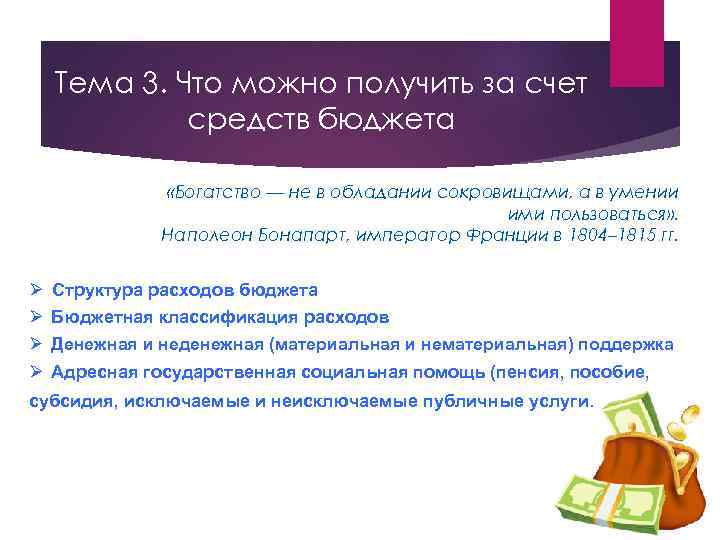 Тема 3. Что можно получить за счет средств бюджета «Богатство — не в обладании