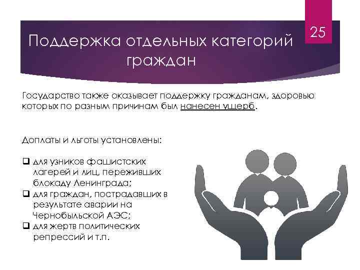 Поддержка отдельных категорий граждан 25 Государство также оказывает поддержку гражданам, здоровью которых по разным