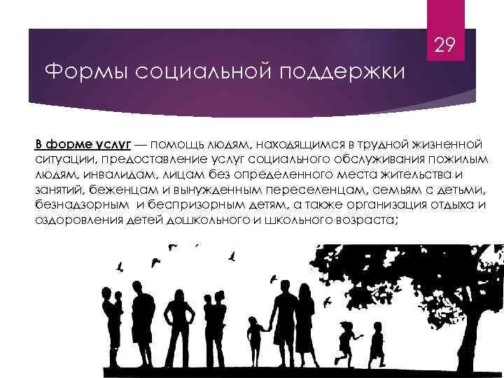 29 Формы социальной поддержки В форме услуг — помощь людям, находящимся в трудной жизненной