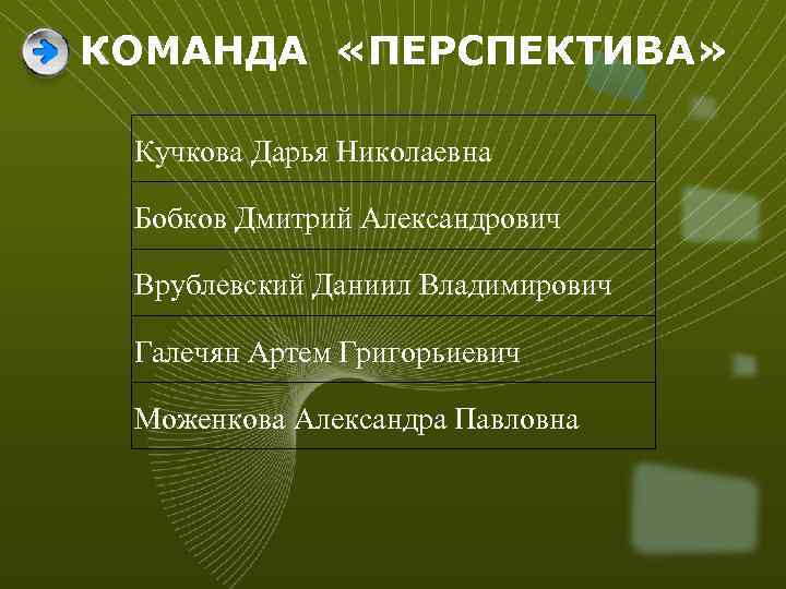 КОМАНДА «ПЕРСПЕКТИВА» Кучкова Дарья Николаевна Бобков Дмитрий Александрович Врублевский Даниил Владимирович Галечян Артем Григорьиевич