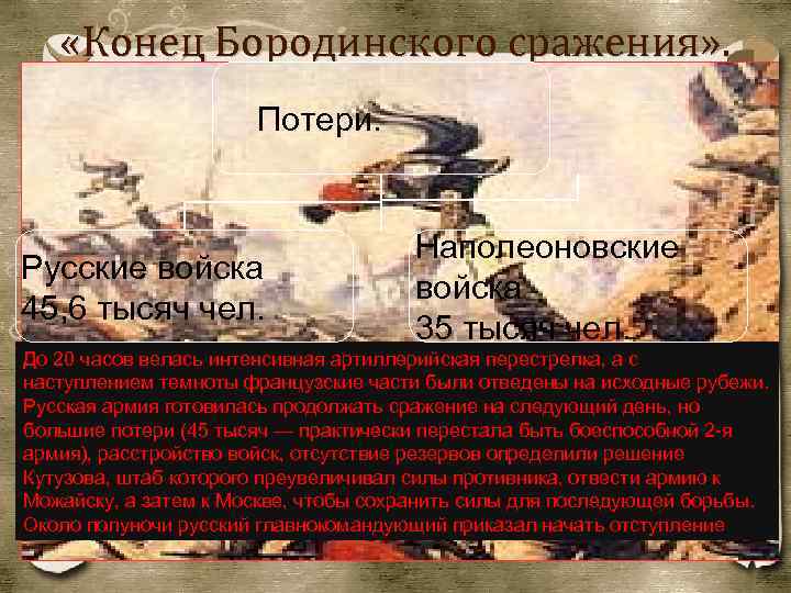  «Конец Бородинского сражения» . Потери. Русские войска 45, 6 тысяч чел. Наполеоновские войска