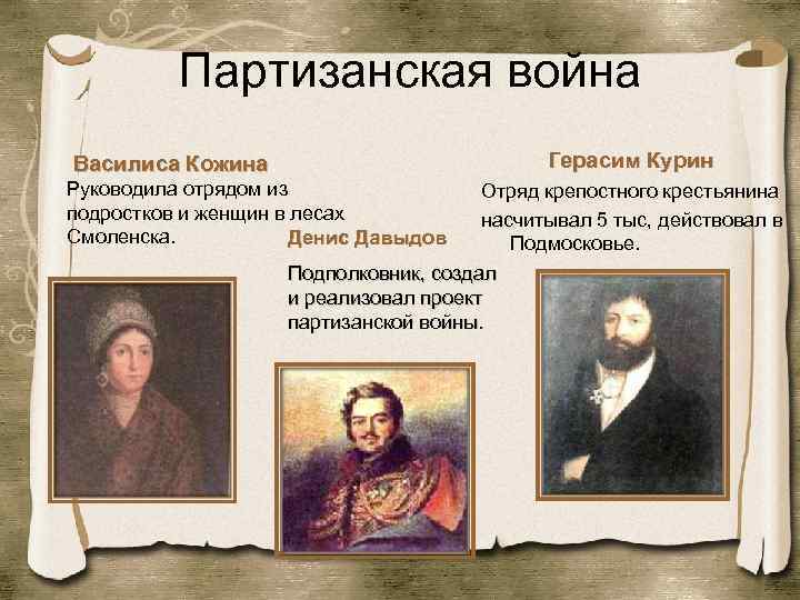 Партизанская война Герасим Курин Василиса Кожина Руководила отрядом из подростков и женщин в лесах