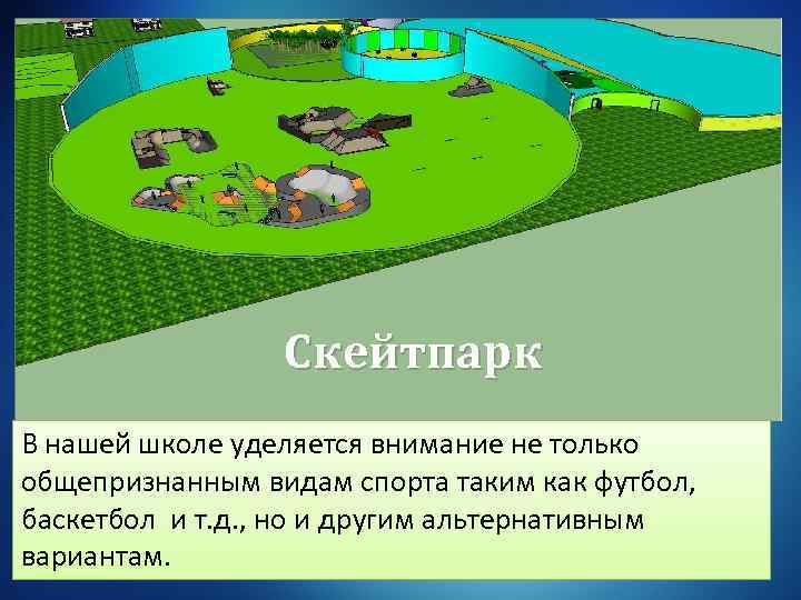 Скейтпарк В нашей школе уделяется внимание не только общепризнанным видам спорта таким как футбол,