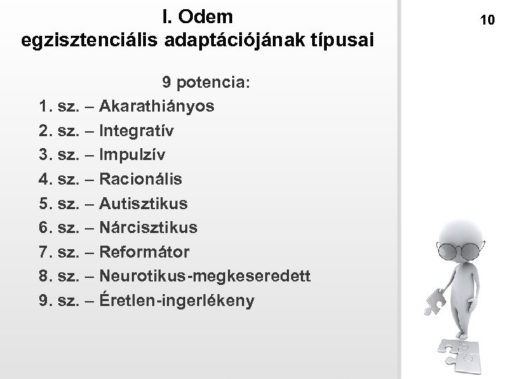 I. Odem egzisztenciális adaptációjának típusai 9 potencia: 1. sz. – Akarathiányos 2. sz. –