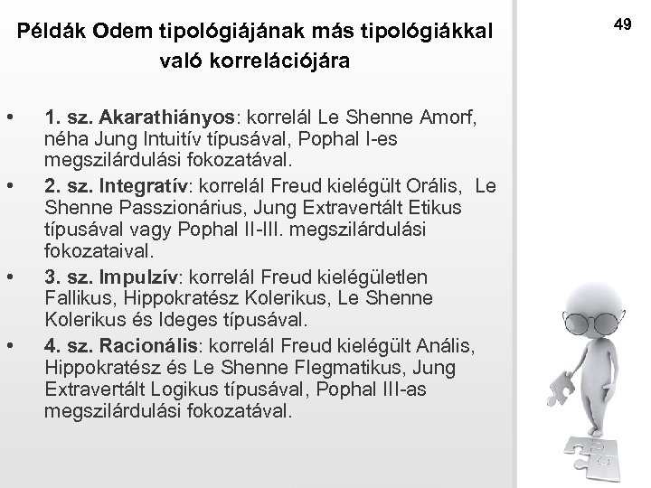 Példák Odem tipológiájának más tipológiákkal való korrelációjára • • 1. sz. Akarathiányos: korrelál Le