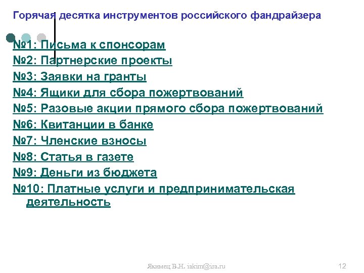 Горячая десятка инструментов российского фандрайзера № 1: Письма к спонсорам № 2: Партнерские проекты