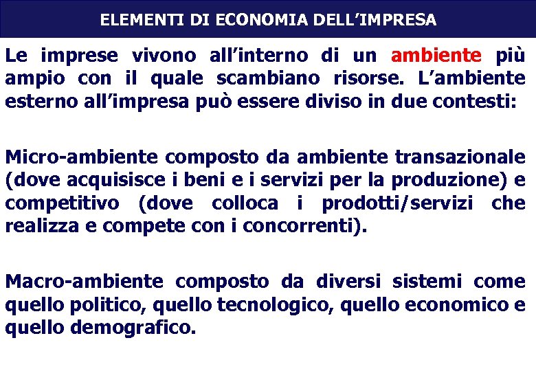 ELEMENTI DI ECONOMIA DELL’IMPRESA Le imprese vivono all’interno di un ambiente più ampio con