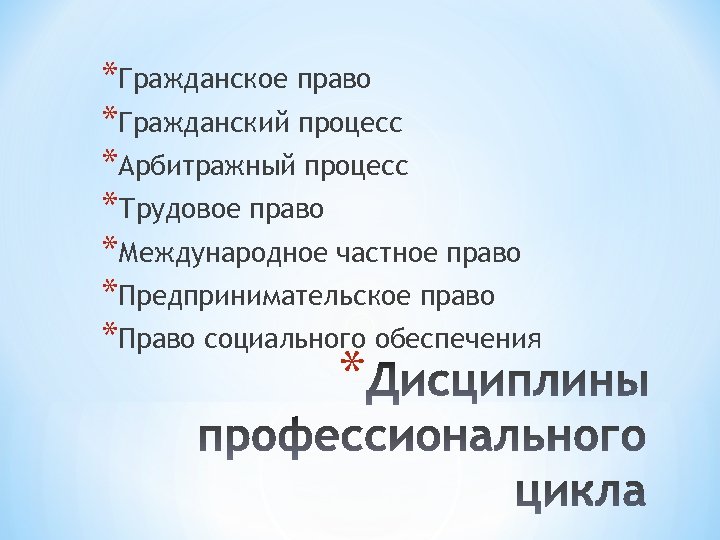 *Гражданское право *Гражданский процесс *Арбитражный процесс *Трудовое право *Международное частное право *Предпринимательское право *Право