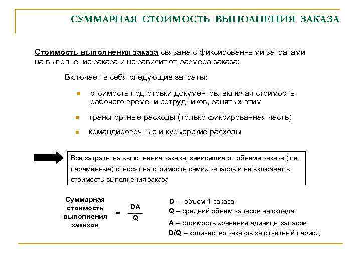 СУММАРНАЯ СТОИМОСТЬ ВЫПОЛНЕНИЯ ЗАКАЗА Стоимость выполнения заказа связана с фиксированными затратами на выполнение заказа