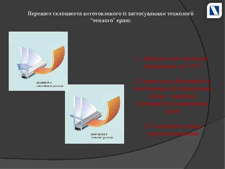 Переваги склопакета виготовленого із застосуванням технології “теплого” краю: 1. Кромка скла тепліша в середньому