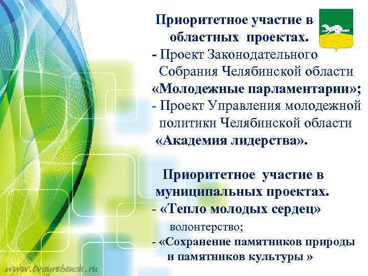 Приоритетное участие в областных проектах. - Проект Законодательного Собрания Челябинской области «Молодежные парламентарии» ;