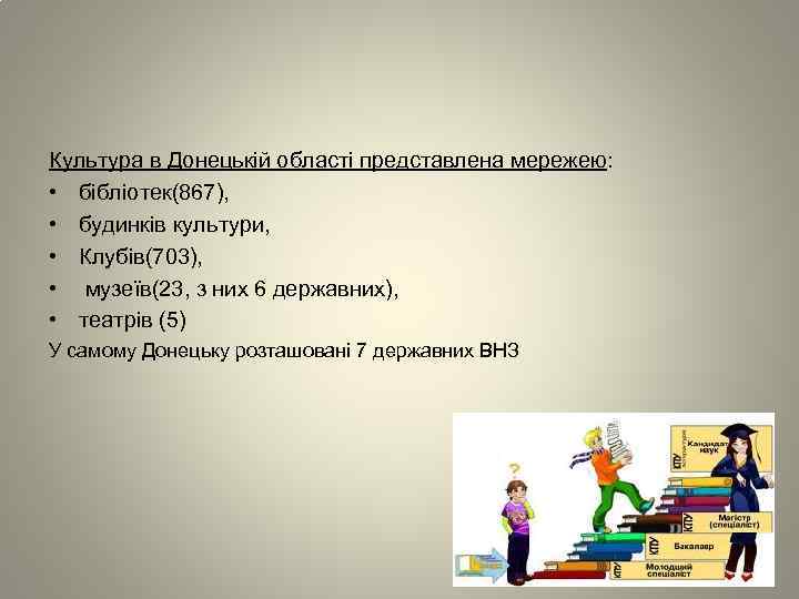 Культура в Донецькій області представлена мережею: • бібліотек(867), • будинків культури, • Клубів(703), •