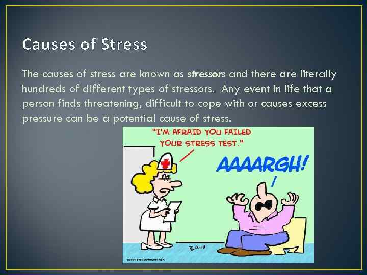 Causes of Stress The causes of stress are known as stressors and there are