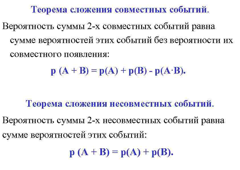 Сумма вероятностей совместных событий. Теоремы сложения для совместных и несовместных событий.. Теорема сложения вероятностей совместных событий.