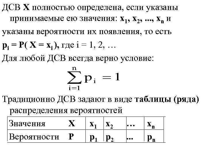 ДСВ X полностью определена, если указаны принимаемые ею значения: x 1, x 2, .