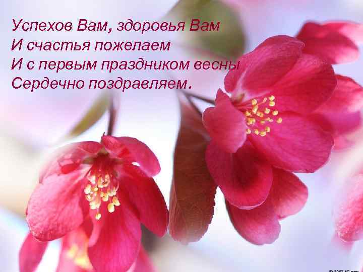 Успехов Вам, здоровья Вам И счастья пожелаем И с первым праздником весны Сердечно поздравляем.