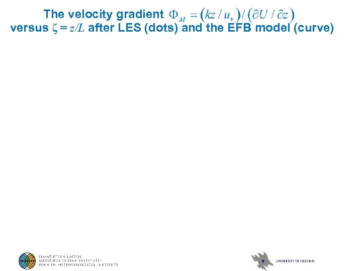 The velocity gradient versus ζ = z/L after LES (dots) and the EFB model