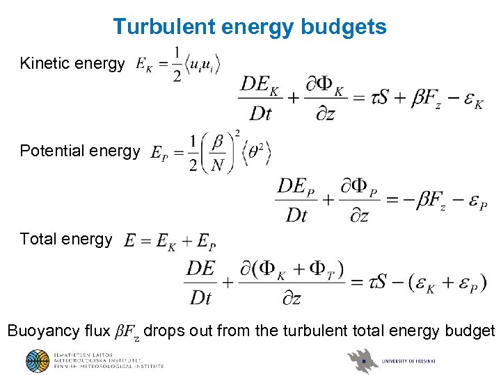 Turbulent energy budgets Kinetic energy Potential energy Total energy Buoyancy flux βFz drops out