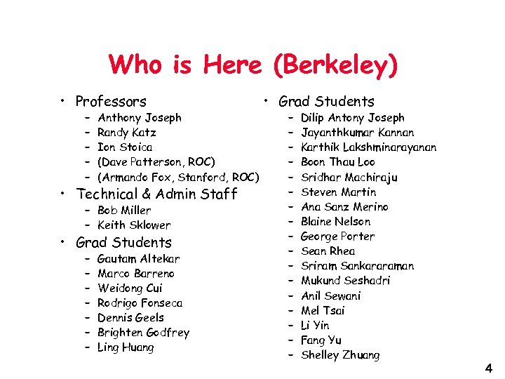 Who is Here (Berkeley) • Professors – – – Anthony Joseph Randy Katz Ion