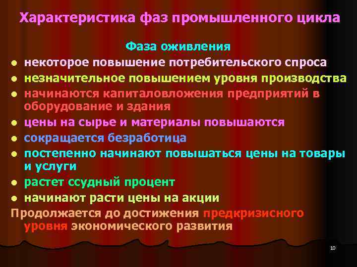 Характеристика фаз промышленного цикла Фаза оживления l некоторое повышение потребительского спроса l незначительное повышением