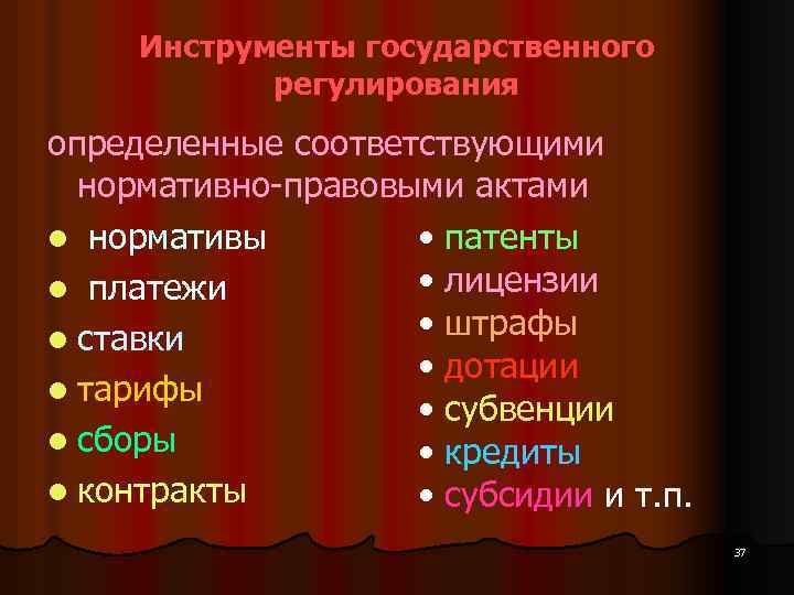 Инструменты государственного регулирования определенные соответствующими нормативно-правовыми актами l нормативы • патенты • лицензии l
