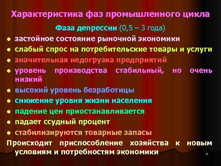 Характеристика фаз промышленного цикла Фаза депрессии (0, 5 – 3 года) l застойное состояние