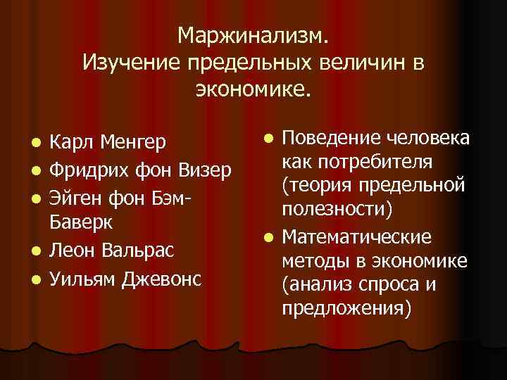Маржинализм. Изучение предельных величин в экономике. l l l Карл Менгер Фридрих фон Визер