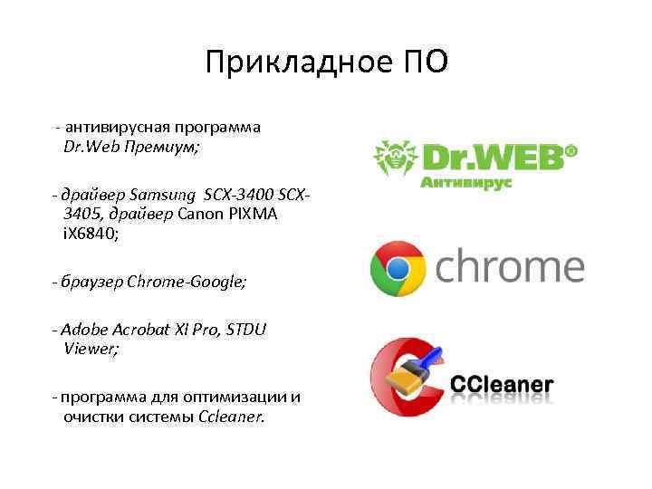 Прикладное ПО - антивирусная программа Dr. Web Премиум; - драйвер Samsung SCX-3400 SCX 3405,