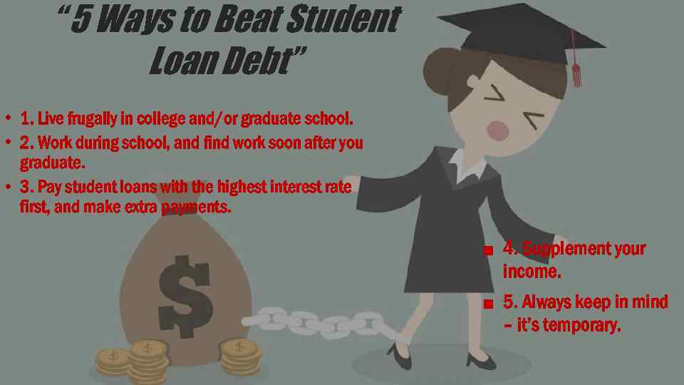 “ 5 Ways to Beat Student Loan Debt” • 1. Live frugally in college