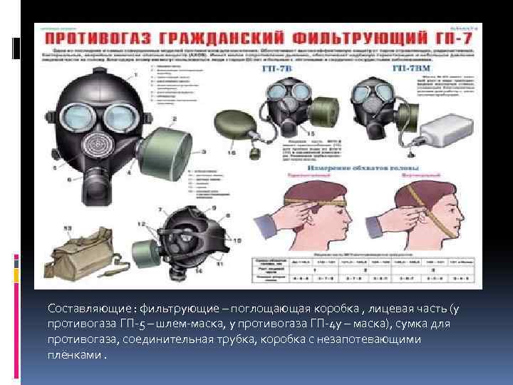 Составляющие : фильтрующие – поглощающая коробка , лицевая часть (у противогаза ГП-5 – шлем-маска,