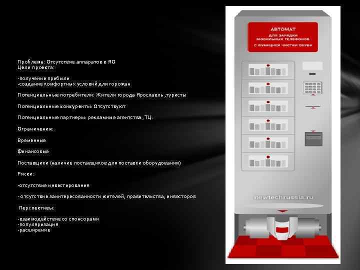 Проблема: Отсутствие аппаратов в ЯО Цели проекта: -получение прибыли -создание комфортных условий для горожан
