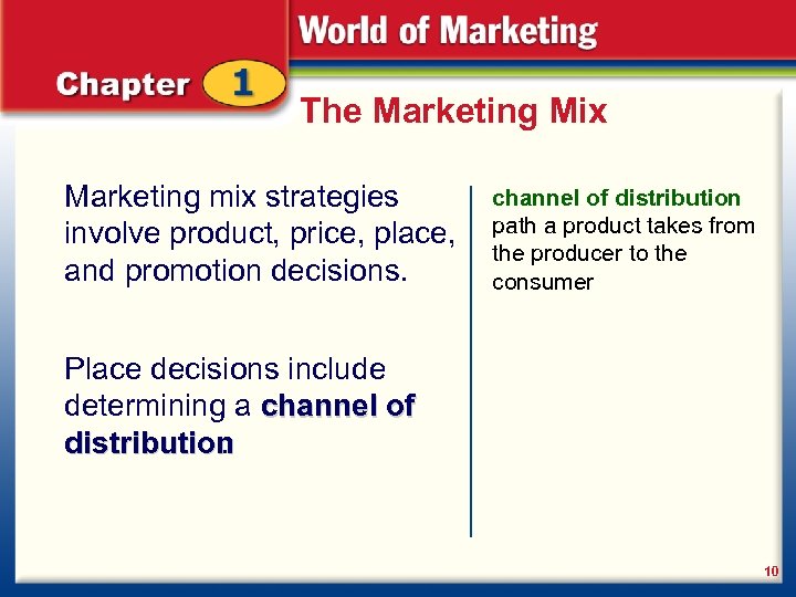 The Marketing Mix Marketing mix strategies involve product, price, place, and promotion decisions. channel