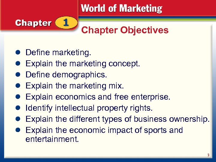 Chapter Objectives Define marketing. Explain the marketing concept. Define demographics. Explain the marketing mix.