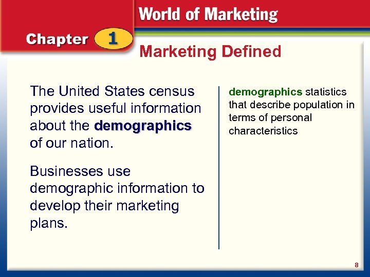 Marketing Defined The United States census provides useful information about the demographics of our