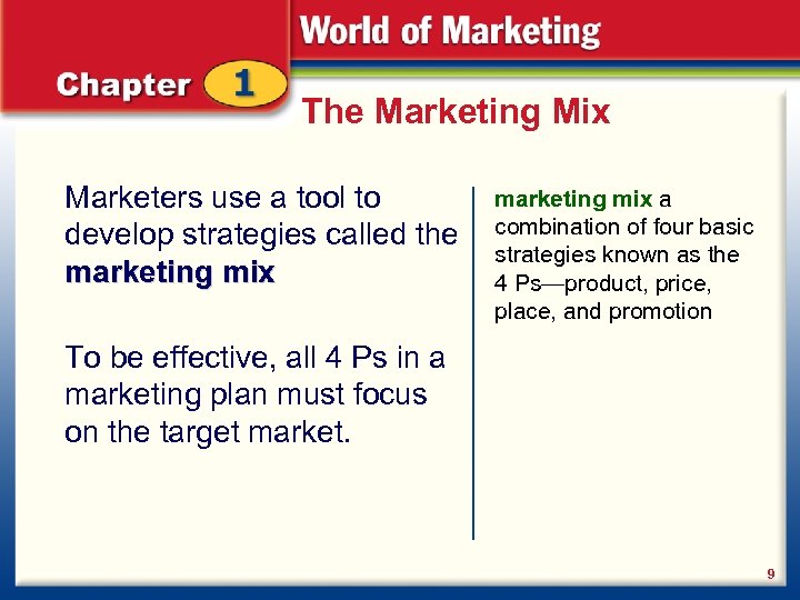 The Marketing Mix Marketers use a tool to develop strategies called the marketing mix