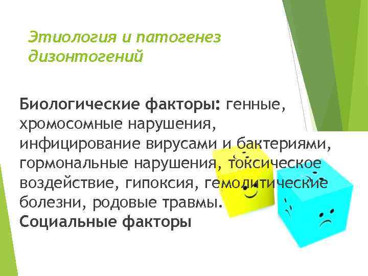 Этиология и патогенез дизонтогений Биологические факторы: генные, хромосомные нарушения, инфицирование вирусами и бактериями, гормональные