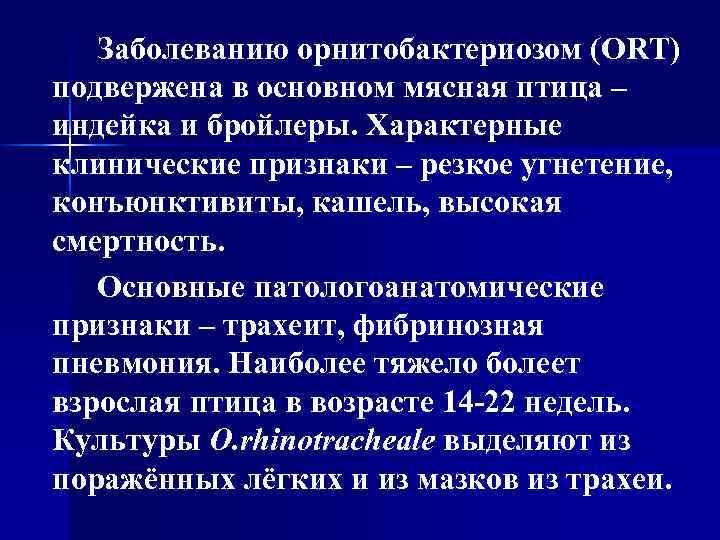 Заболеванию орнитобактериозом (ORT) подвержена в основном мясная птица – индейка и бройлеры. Характерные клинические