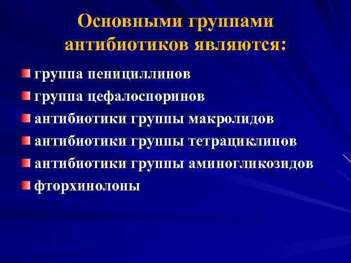 Основными группами антибиотиков являются: группа пенициллинов группа цефалоспоринов антибиотики группы макролидов антибиотики группы тетрациклинов