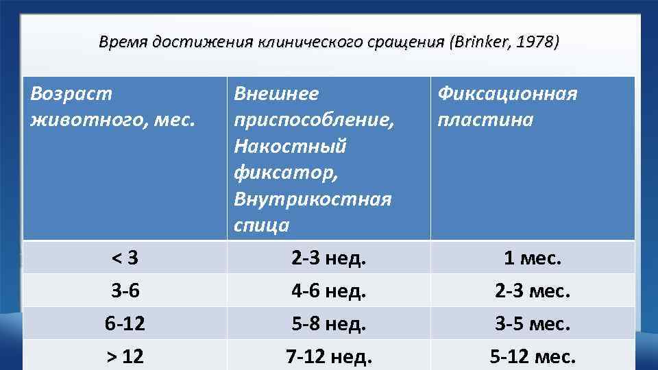 Время достижения клинического сращения (Brinker, 1978) Возраст животного, мес. <3 3 -6 6 -12