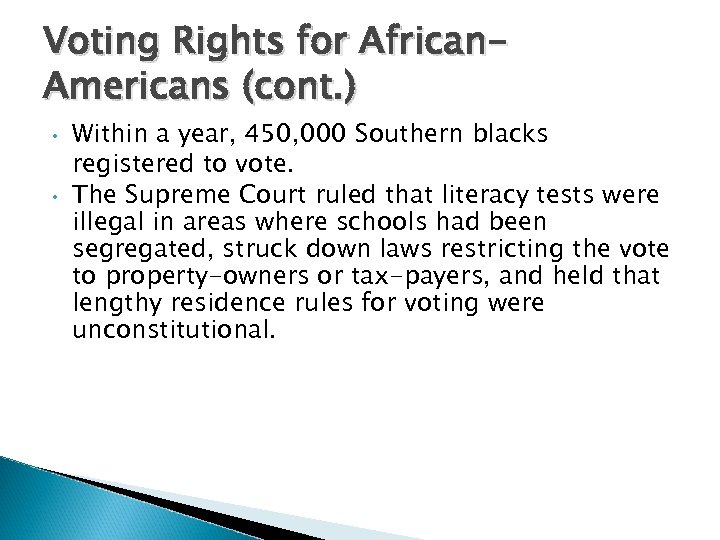 Voting Rights for African. Americans (cont. ) • • Within a year, 450, 000