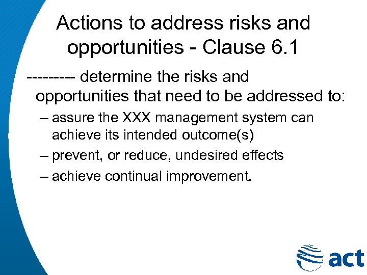 Actions to address risks and opportunities - Clause 6. 1 ----- determine the risks