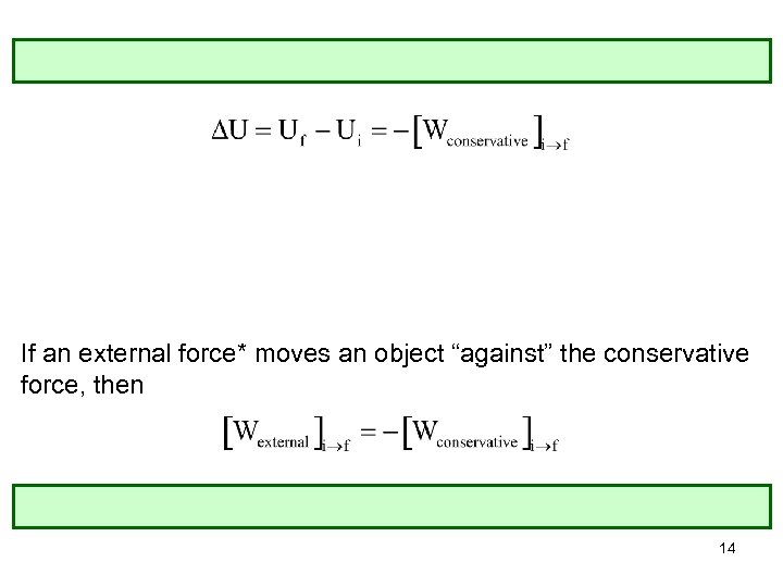 If an external force* moves an object “against” the conservative force, then 14 