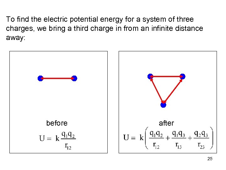 To find the electric potential energy for a system of three charges, we bring