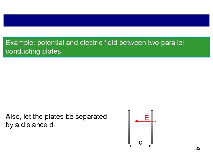 Example: potential and electric field between two parallel conducting plates. Also, let the plates