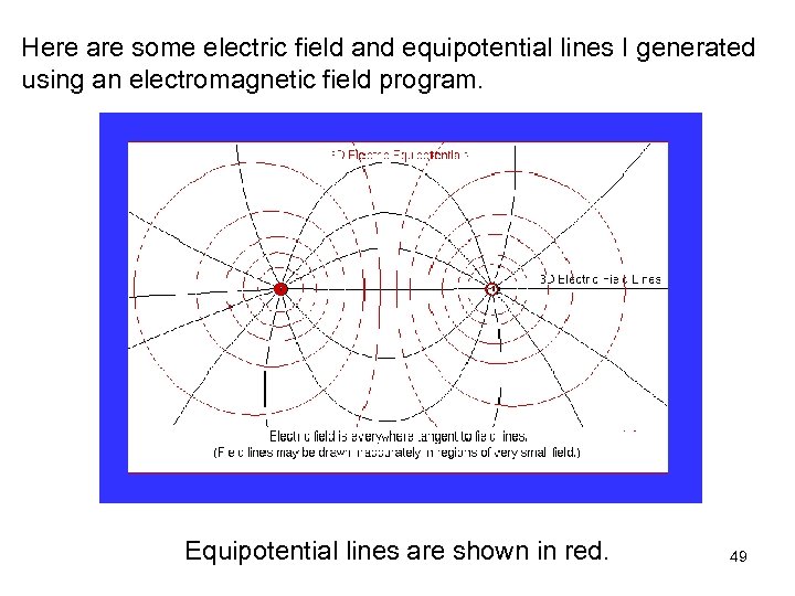 Here are some electric field and equipotential lines I generated using an electromagnetic field