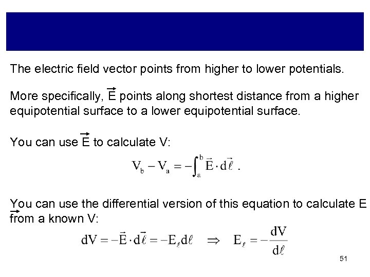 The electric field vector points from higher to lower potentials. More specifically, E points