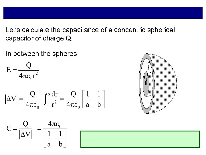 Let’s calculate the capacitance of a concentric spherical capacitor of charge Q. In between