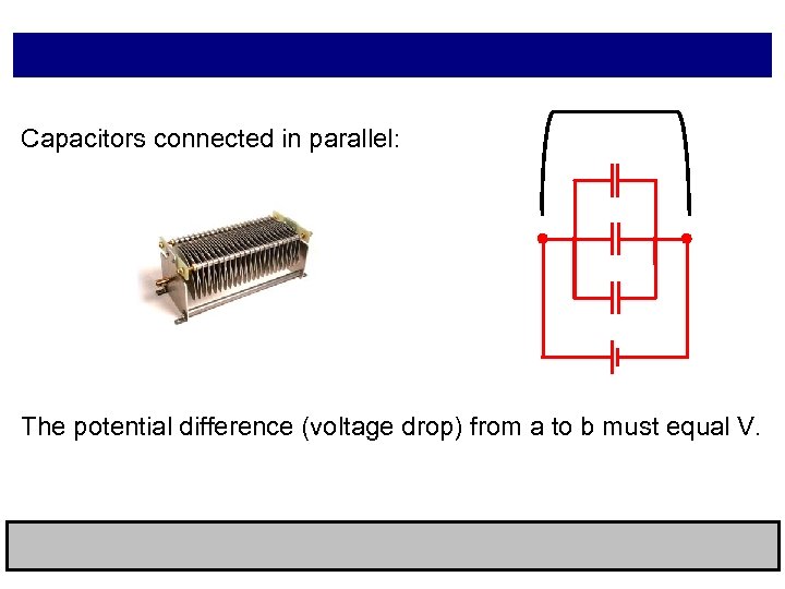 Capacitors connected in parallel: The potential difference (voltage drop) from a to b must