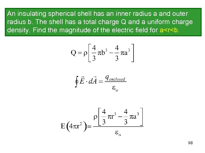 An insulating spherical shell has an inner radius a and outer radius b. The