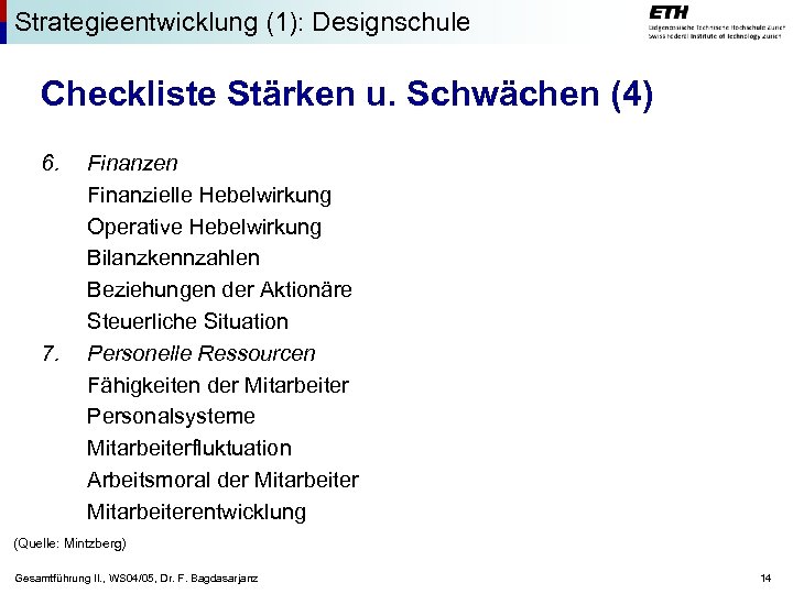 Strategieentwicklung (1): Designschule Checkliste Stärken u. Schwächen (4) 6. 7. Finanzen Finanzielle Hebelwirkung Operative